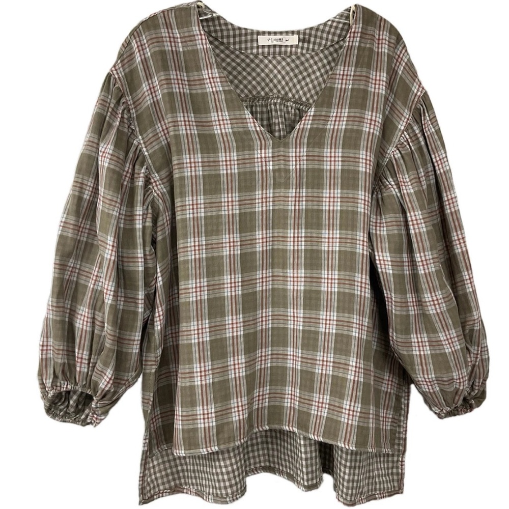 Mustard Seed Olive Plaid V-Neck Blouse M